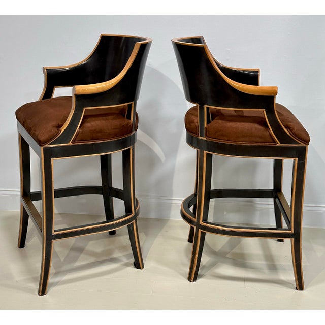 Pair of Gregorius- Pineo Two-Tone Ebonized & Natural Wood Bar Stools With Brown Ultrasuede For Sale - Image 10 of 12