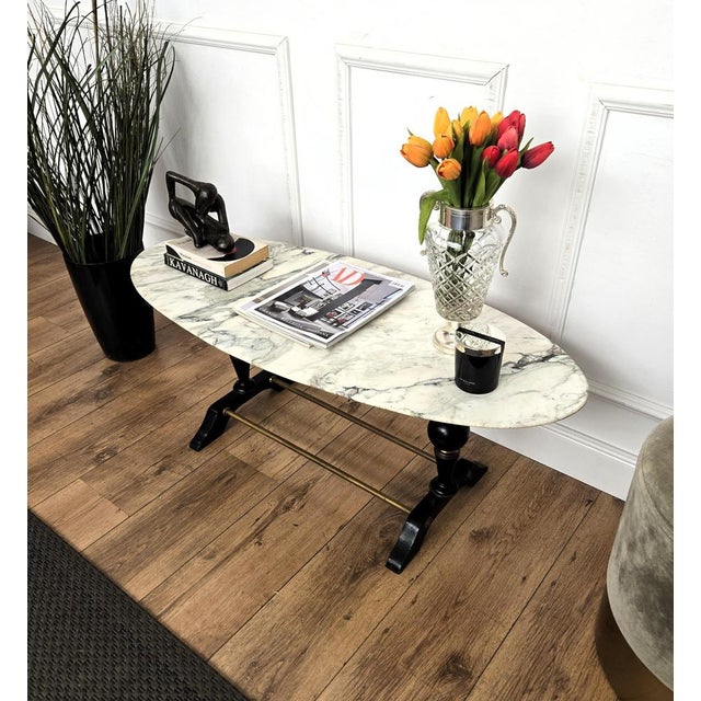 Mid-Century Modern Italian Coffee Table in Carved Walnut with Oval White Marble Top, 1950s For Sale - Image 4 of 9