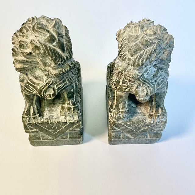 1970s 1970s Vintage Chinoiserie Boho Chic Hand Carved Granite Foo Dogs Sculptures - A Pair For Sale - Image 5 of 11