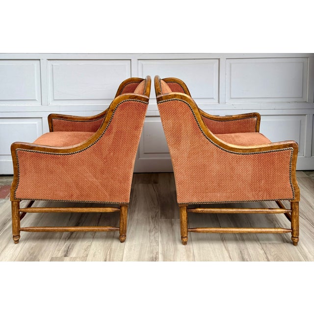 Pair of Vintage Cal-Mode French Walnut Lounge Chairs in Terracotta Upholstery For Sale - Image 10 of 16