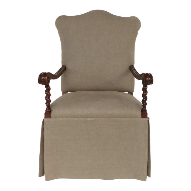 Carved Barley Twist Armchair, Upholstered Seat & Back For Sale