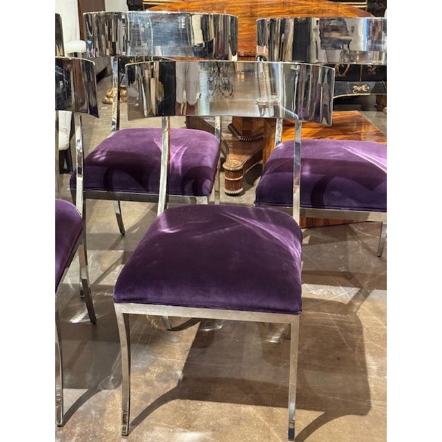 Modern Set of MCM Chrome Klismos Chairs With Purple Velvet For Sale - Image 3 of 8