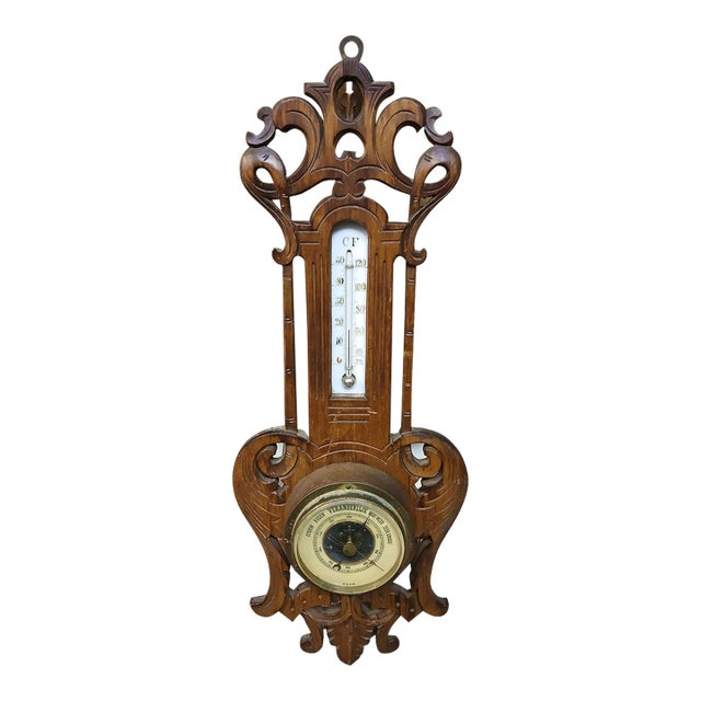 1960s Ornate Wooden Barometer and Thermometer Weather Instrument For Sale