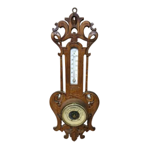 1960s Ornate Wooden Barometer and Thermometer Weather Instrument