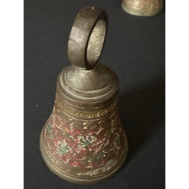 Metal Vintage Mid 20th Century Brass & Cloisonné Bells- Set of 3 For Sale - Image 7 of 10