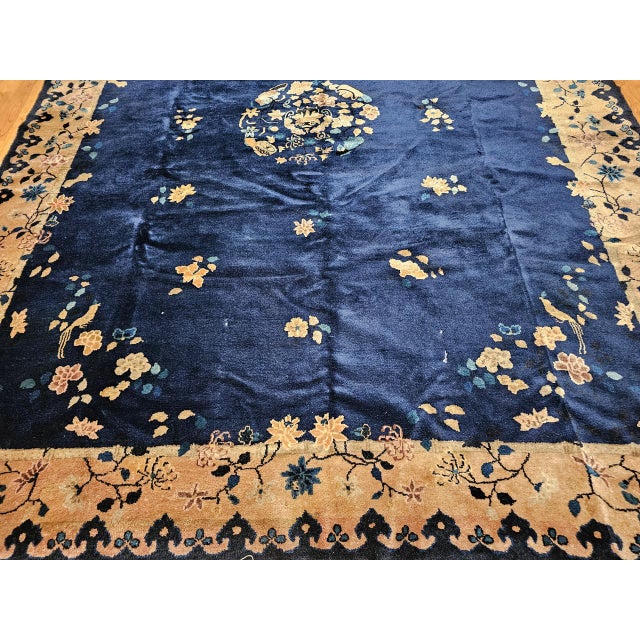 Vintage Room Size Chinese Art Deco Rug, Hand-Knotted Navy Blue, Taupe, 9' x 12' For Sale - Image 14 of 18