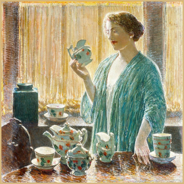 1912 Vintage Tea Set Art Print, American Impressionist Woman Portrait by Childe Hassam - 28" X 28" For Sale