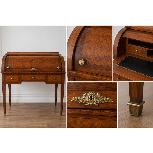 Small Louis XVI Roll-Top Secretary Desk with Marquetry in Latticework Pattern, 1930s For Sale - Image 12 of 13