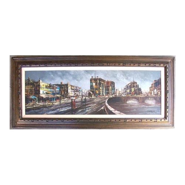 Vintage 53” Mid Century Cityscape Oil Painting Framed Signed For Sale