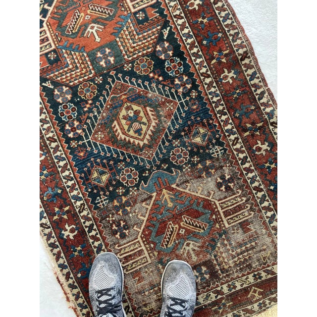 1920's Ancient Nomadic Northwest Persian Karaja Indigo, Clay & Forest Green Runner Rug 3.2 X 13.5 For Sale - Image 11 of 12