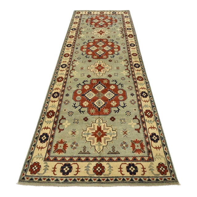 Kazak Runner 4’11” X 12’6” Blue Wool Tribal Hand-Knotted Oriental Rug For Sale