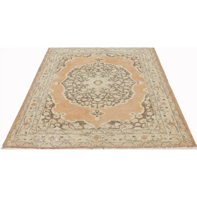 ACTUAL SIZE: 4’0″ x 5’5″ PRIMARY COLOR: Salmon / Brown AGE: Old MATERIALS: Wool FOUNDATION: Cotton PRODUCTION: Handwoven,...