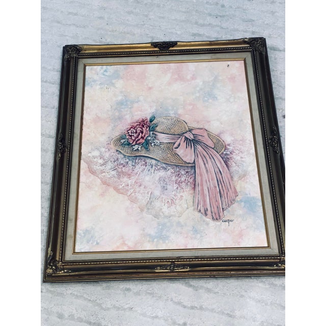 Shabby Chic Vintage Floral Hat Wall Art Signed Cooper Textured Mixed Media Framed Artwork For Sale - Image 3 of 11