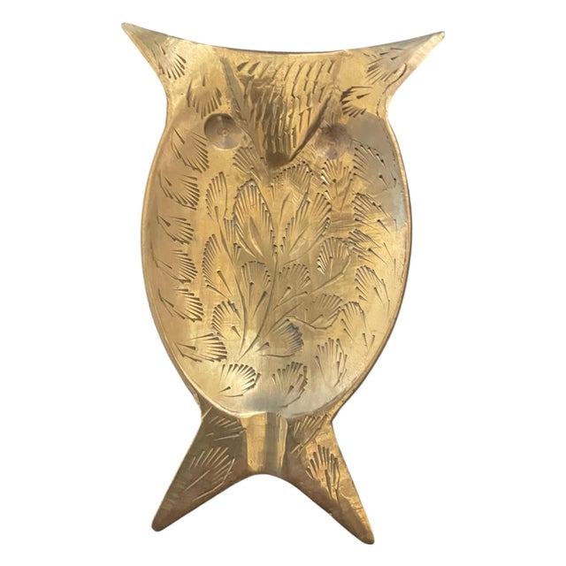 Mid-Century Modern Pair of Vintage Midcentury Owl Etched Brass Trinket/Ring Dish For Sale - Image 3 of 6