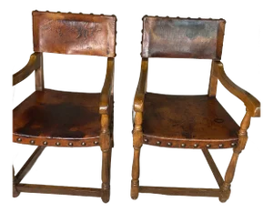 Pair of Antique Spanish Leather ArmChairs With Big Nialhead Detail