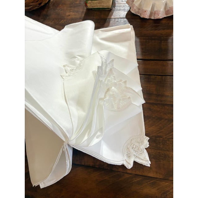 Textile Vintage Handmade White Battenburg Lace Napkins Embroidered Borders Cotton - Set of 12 For Sale - Image 7 of 11