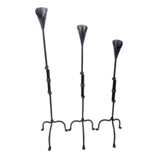 Hand Forged Iron Candelabra Set of 3 (87-107cm) Antique Copper Finish Sculptural Calla Lily Floor Set For Sale