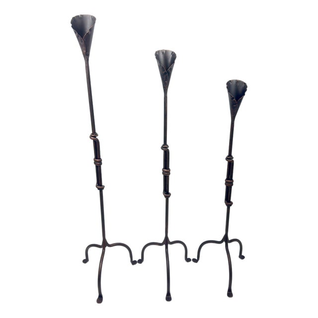 Hand Forged Iron Candelabra Set of 3 (87-107cm) Antique Copper Finish Sculptural Calla Lily Floor Set For Sale