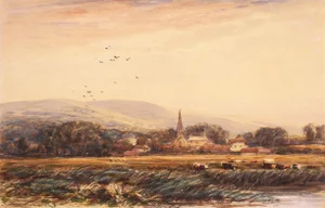 'Village With Church Spire' by James Orrock, 1845; English Watercolor, David Cox