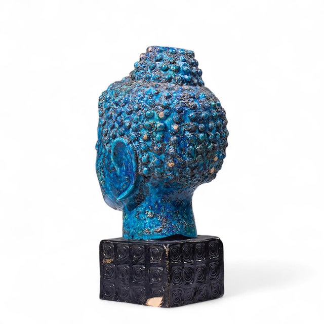 Mid 20th Century Aldo Londi for Bitossi Mid Century Blue Buddha Bust For Sale - Image 5 of 9
