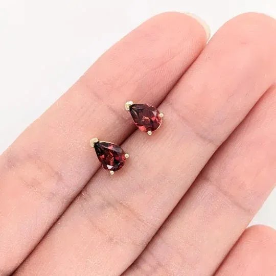 Modern Garnet Solitaire Stud Earrings in Solid 14k Gold Pear Shape - 2 Pieces For Sale - Image 3 of 6