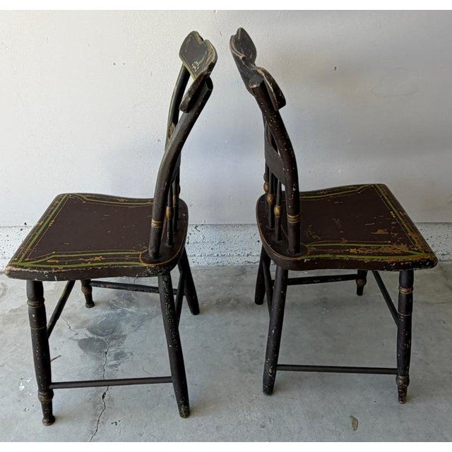 19th Century Pair of 19th Century Wooden Plank Seat Chairs With Original Stencil Work For Sale - Image 5 of 12