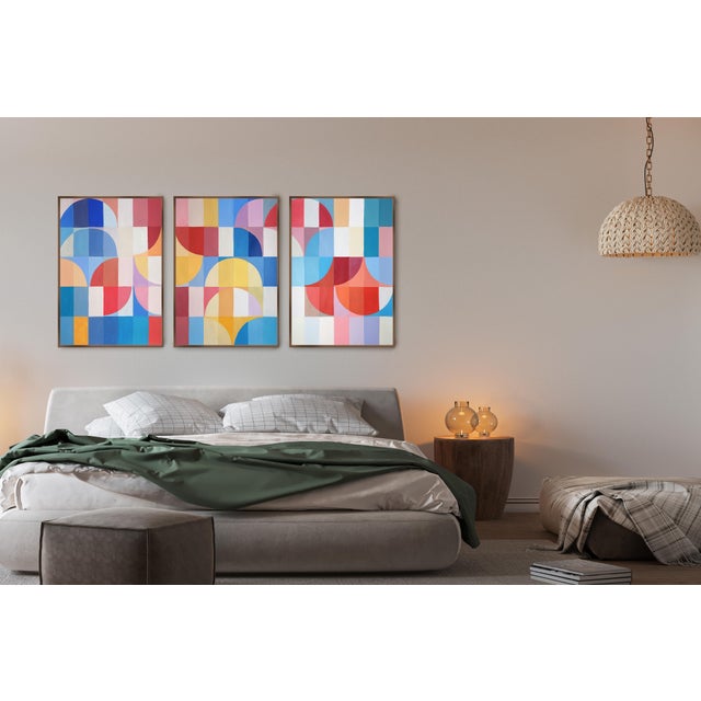 Paper 2025, Abstract Geometric Bauhaus Large Triptych of Vivid Blossoming Arcs, Acrylic Paint on Watercolor Paper by Natalia Roman For Sale - Image 7 of 11