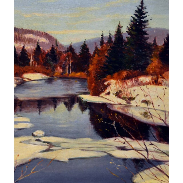 Scenic winter oil on board landscape of a frozen river winding through snowy countryside by Alex Mclaren...