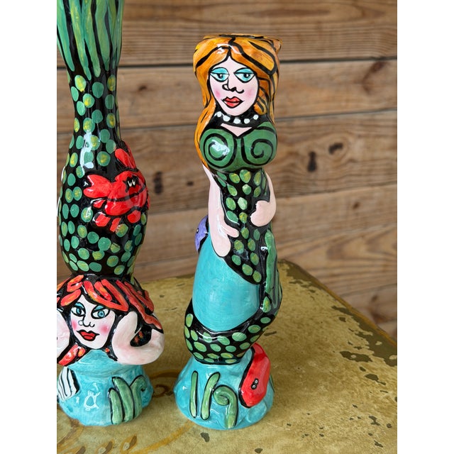 Pair of Whimsical Hand-Painted Ceramic Mermaid Candlestick Holders For Sale In Naples, FL - Image 6 of 9