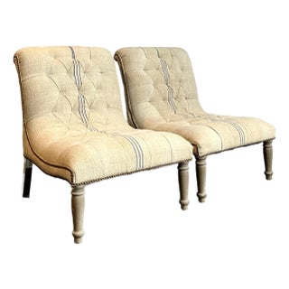 Vintage Boho French Linen Tufted Scroll Slipper Chairs - A Pair For Sale