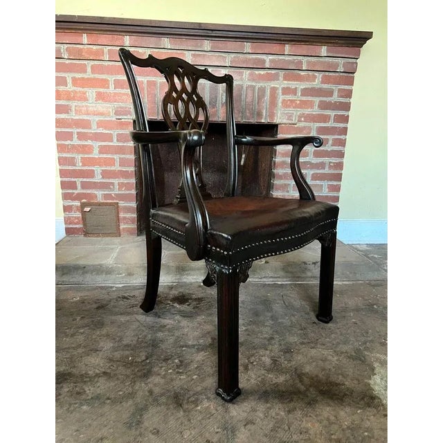 Brown Early 20th Century Set of 8 Chippendale Style Mahogany Leather Dining Chairs For Sale - Image 8 of 11