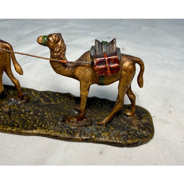 19th Century Antique 19th Century Mini Cold Painted Austrian Vienna Bronze Man 2 Camel Statue For Sale - Image 5 of 12