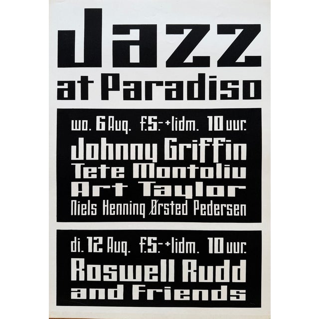 An original 1975 screen-printed poster promoting Jazz at Paradiso, Amsterdam's legendary music venue. This striking...