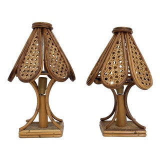 Rattan and Bamboo Bedside Lamps, 1960s, Set of 2 For Sale