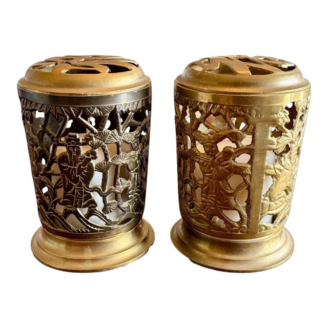 Vintage Brass Chinese Immortal Lanterns Pair-Candle-Incense Holders-Asian-Boho For Sale