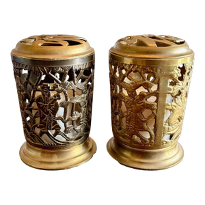 Vintage Brass Chinese Immortal Lanterns Pair-Candle-Incense Holders-Asian-Boho