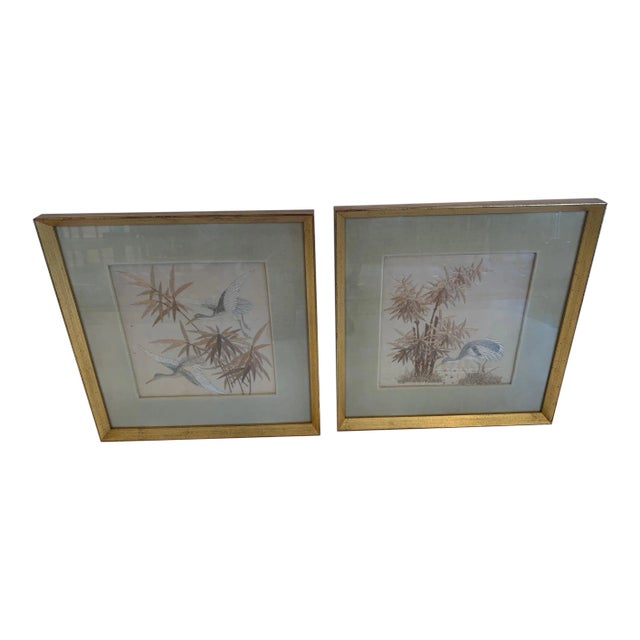 Antique Framed Needlework of Herons - a Pair For Sale