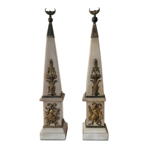 Antique 18th Century French Louis XVI White Marble Obelisks With Gilt Bronze Trophy Mounts - a Pair