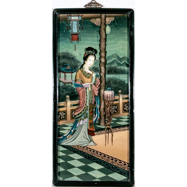 Chinese Chinese Reverse Painting on Glass of a Court Lady Framed, Circa 1930–1940s For Sale - Image 3 of 7