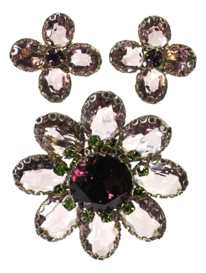 Vintage Lavender Crystal Brooch & Earrings Set, 1950s - 3 Pieces