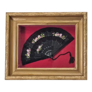 Vintage Italian Hand Painted Fan With Flowers, Black Lace, Gold Gesso Frame, 22"
