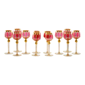 Moser Gilt Gold Enameled Pink Paneled Wine Service / 12 People