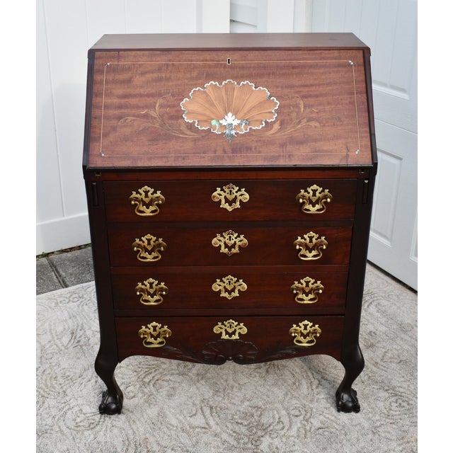 Antique Carved & Inlaid Mahogany French Style Ladies Slant Front Desk For Sale - Image 11 of 12