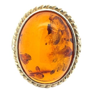Vintage 14k Yellow Gold Oval Amber Gemstone Ring, Size 7 For Sale