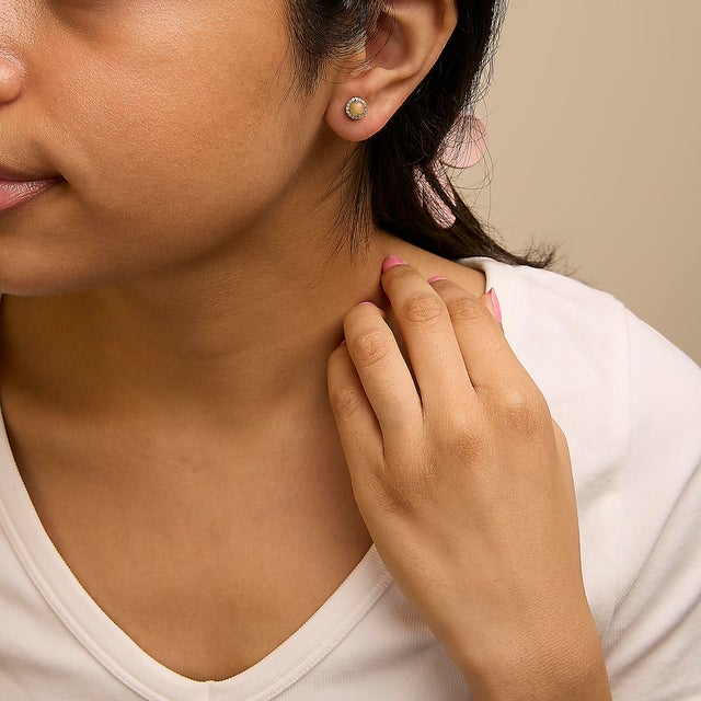 10K Yellow Gold Opal and 1/6 Cttw Diamond Halo Stud Earring For Sale - Image 4 of 5