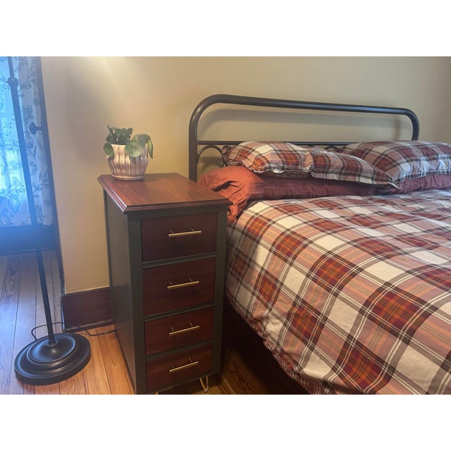 Mid-Century Modern Pair of Refinished Vintage Pieces — Reimagined as Nightstands | Walnut & Deep Green With Brass Hairpin Legs For Sale - Image 3 of 8