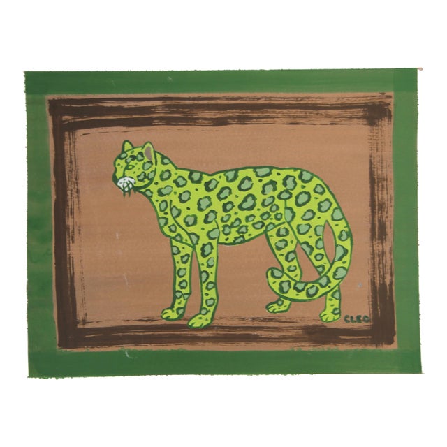 Leopard Lime Green Brown Borders Minimalist Expressionist Original Painting by Cleo Plowden For Sale