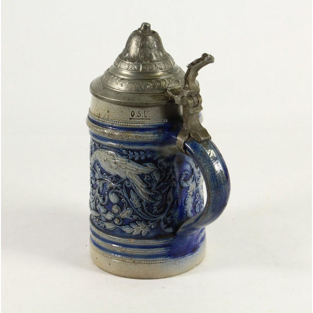 Late 19th Century 1880's Blue on Gray Stoneware Beer Stein With Pewter Lid 0.5l Westerwald Germany For Sale - Image 5 of 14