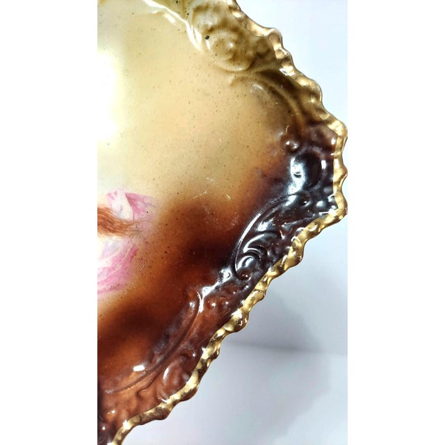 Brown Antique Tray Portrait Curly Auburn Hair Lady Vettori Dresser Dish Austria Porcelain For Sale - Image 8 of 9