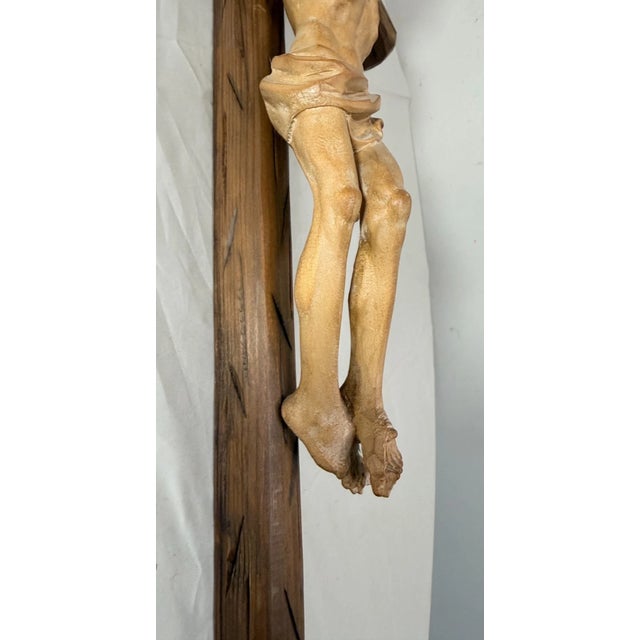 1970s Share Large Vintage Hand Carved Wood Religious Jesus Crucified Cross Sculpture God For Sale - Image 9 of 16
